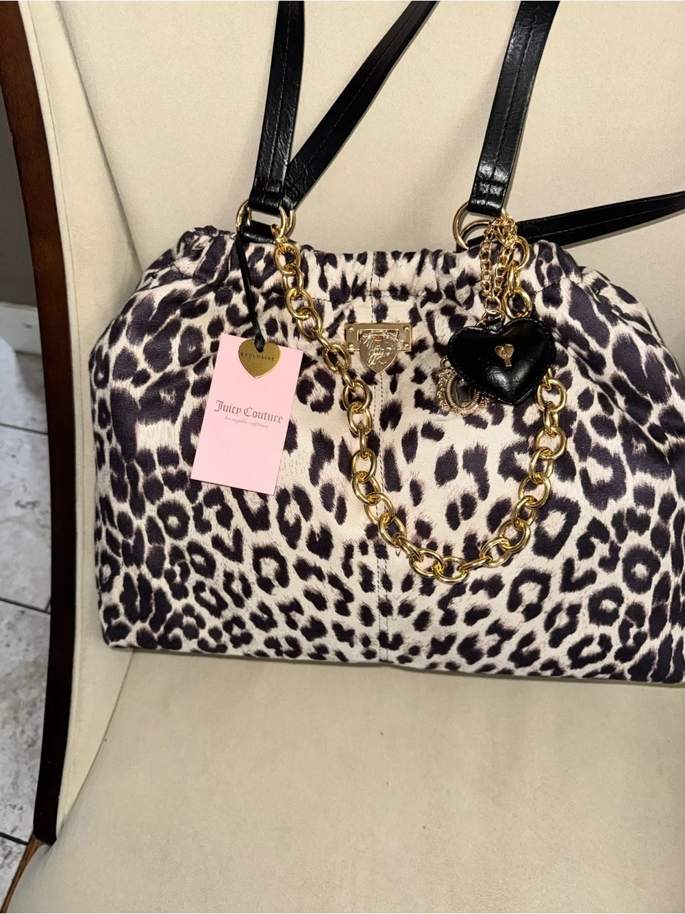 Juicy Couture Black & White Leopard Shoulder Bag with Gold Chain